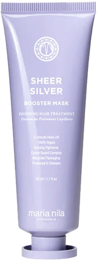 Paarse tube met 'Sheer Silver Booster Masque' op witte achtergrond.