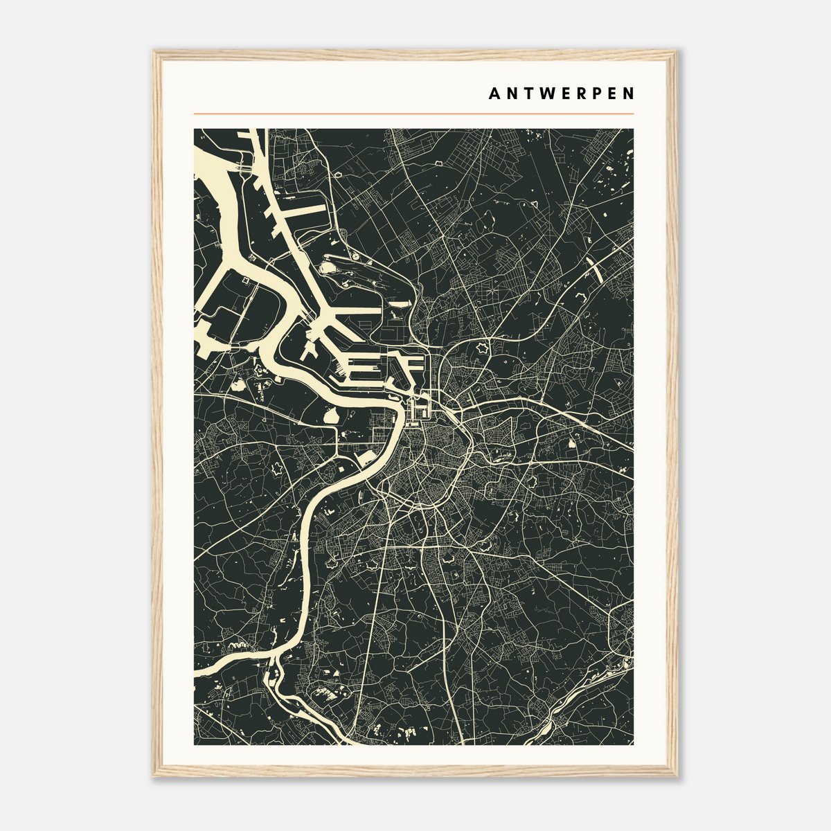 Moderne minimalistische plattegrond van Antwerpen - Stadskaart donkergrijs/beige - Stijlvol design city map poster - Groot formaat 50x70 cm - Premium papier