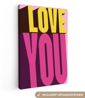 Canvas schilderij 20x30 cm - Wanddecoratie Love - Tekst - Roze - Valentijn - Muurdecoratie woonkamer - Slaapkamer decoratie - Kamer accessoires - Schilderijen op canvas - Valentijn versiering - Cadeautje voor hem en haar - Valentijnsdag cadeautje
