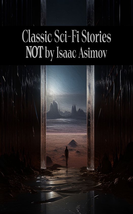Een silhouet van een man loopt naar een verre bergketen door een portaal in een sciencefiction landschap. Titel: Klassieke Sci-Fi Verhalen NIET van Isaac Asimov.