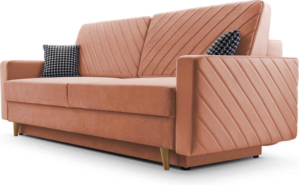 3-zitsbank van Velvet voor woonkamer, slaapbank, sofa met slaapfunctie en opbergruimte, moderne bank - 230x96x97cm - Slaapbank CALIFORNIA - Oranje (KRONOS 41)