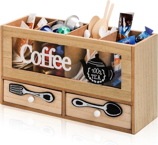 Foto: Goodivery koffie organizer bar rustieke koffiestation organizer voor werkblad houten koffiestation accessoires organizer met 2 lades voor koffiehoek