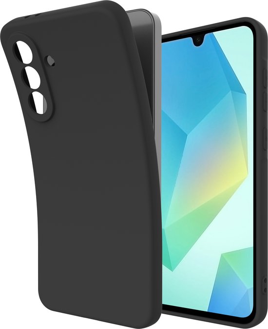 Zwarte telefoonhoes, gedeeltelijk om een Samsung telefoon gewikkeld. Toont cameralens uitsparing.