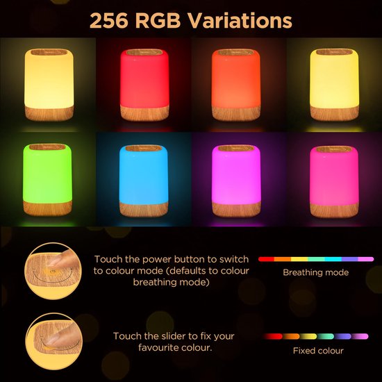 RHYTHMFLAME USB Oplaadbaar Nachtlampje - Warm Licht & RGB Kleuren - Timer - Nachtlampje voor de Slaapkamer - Sfeerlamp - LED verlichting - Leeslamp - Tafellamp - Bedlamp voor Baby, Kinderen & Volwassenen - Dimbaar - Touch Control - Houtnerf