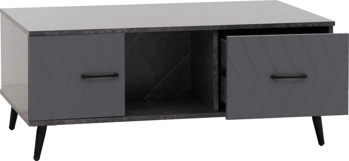 MCW Salontafel MCW-N89, sofatafel, laden deuren vakken visgraatmotief melamine hout, 42x103x60cm ~ marmer look grijs