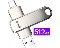 Buddi USB-C Stick 512GB | USB C en USB A | Dual Geheugenstick | USB 3.1 | Plug & Play | Universeel | Geschikt voor smartphones, tablets, PC en meer | Extra opslagruimte | Grijs