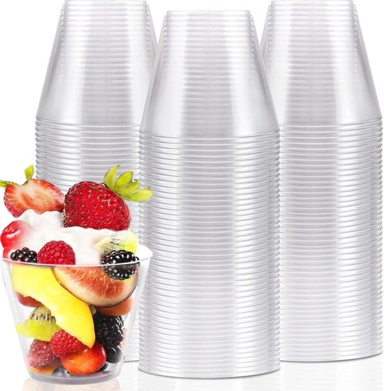 Ronde dessertkopjes - 50 stuks plastic - 180 ml dessertkommen set met deksel en lepels - herbruikbare kunststof dessertbekers - doe-het-zelf desserts