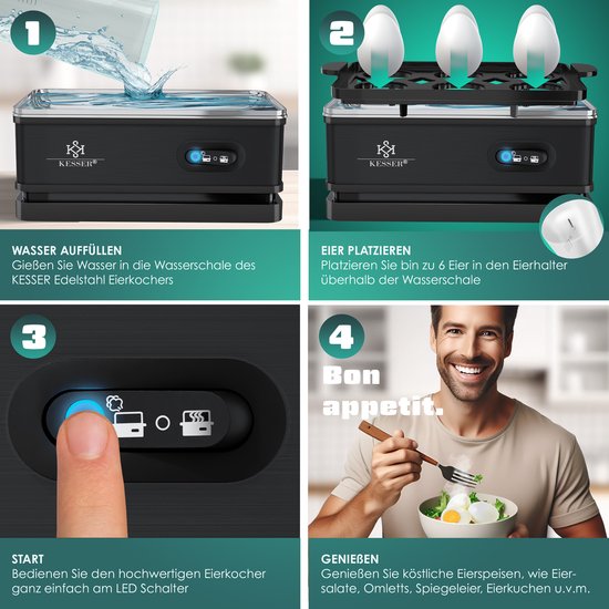 KESSER® Eierkocher Für 1 Bis 6 Eier Elektrisch Aus Edelstahl 400W Warmhaltefunktion Kipp Funktionsschalter Drei Hartegrade Bpa Frei Spulmaschinenfest Messbecher 2x Omlettschalen Silb