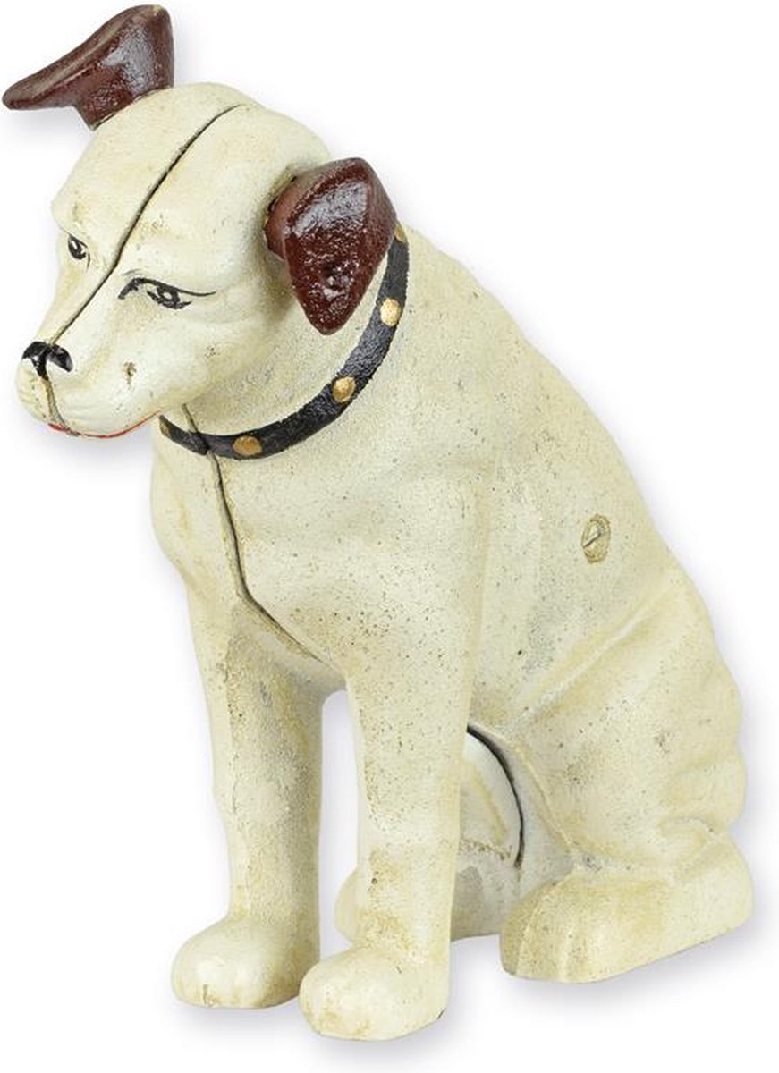 Gietijzeren Nipper Hond Spaarpot – Spaarpot & Woondecoratie – cast iron dog bank, vintage retro – Zwaar 4,4 kg – Antieke look – Handgeschilderd – 25×26×9,5 cm – Crème met bruine oren