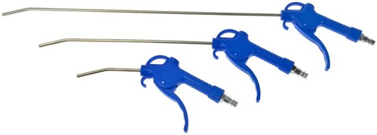 Set van drie blauwe GEKO luchtpistolen met metalen spuitmonden van verschillende lengtes.