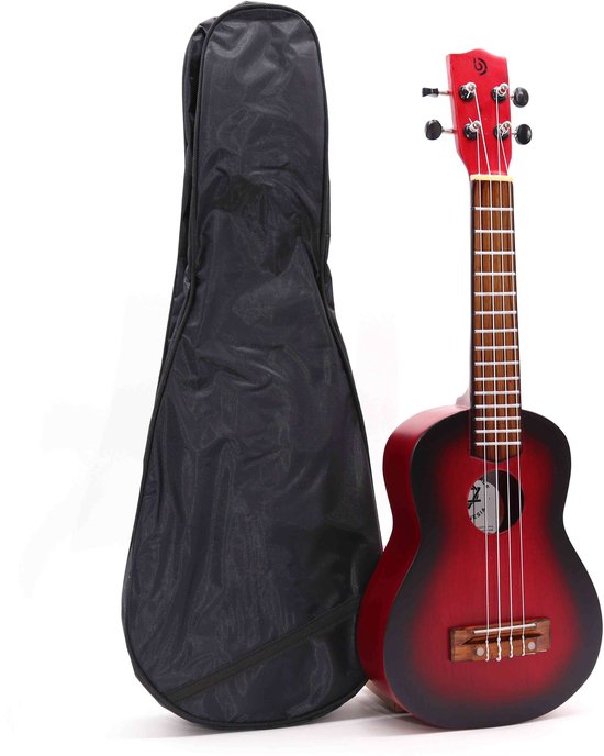 Ukulélé artisanal fait main - Rouge - Finition Sunburst naturelle - 4 cordes - 20,5 x 6 x 57 cm