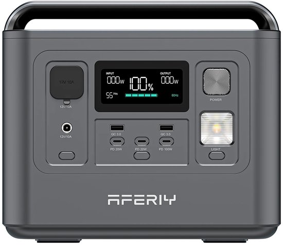Grijze AFERIY powerstation met een digitaal display dat input, output en batterijstatus toont.