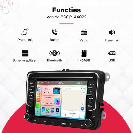 Functies van het multimediasysteem: Phonenlink, bellen, radio, equalizer, scherm splitsen, Bluetooth, 4+64GB, USB.