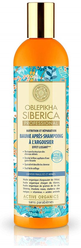 Gele fles met een label met blauwe, oranje en witte patronen. Bevat de tekst 'BAUME APRES-SHAMPOING À L'ARGOUSIER'.