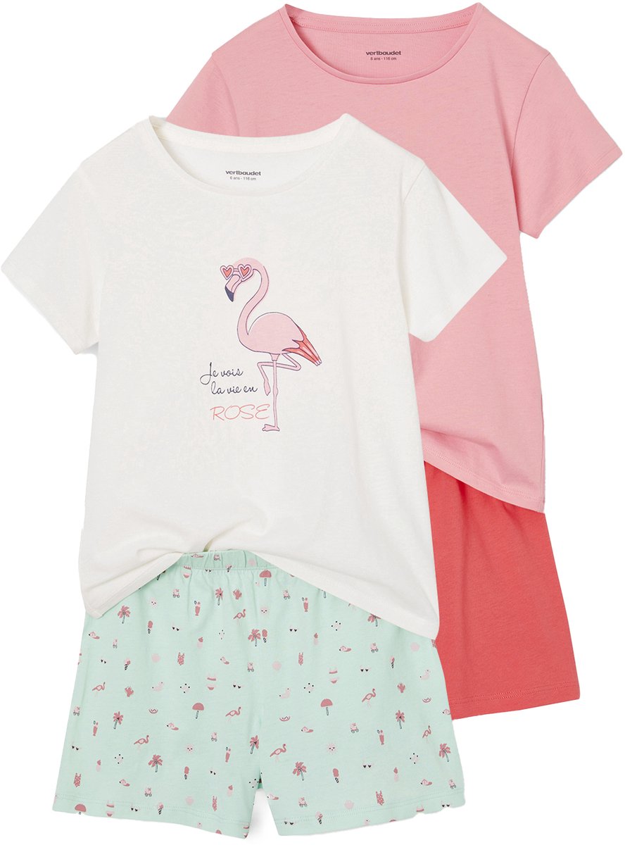 vertbaudet Lot 2 meisjespyjama's 1 regenboogmotief + 1 roze flamingo-motief turquoiseblauw