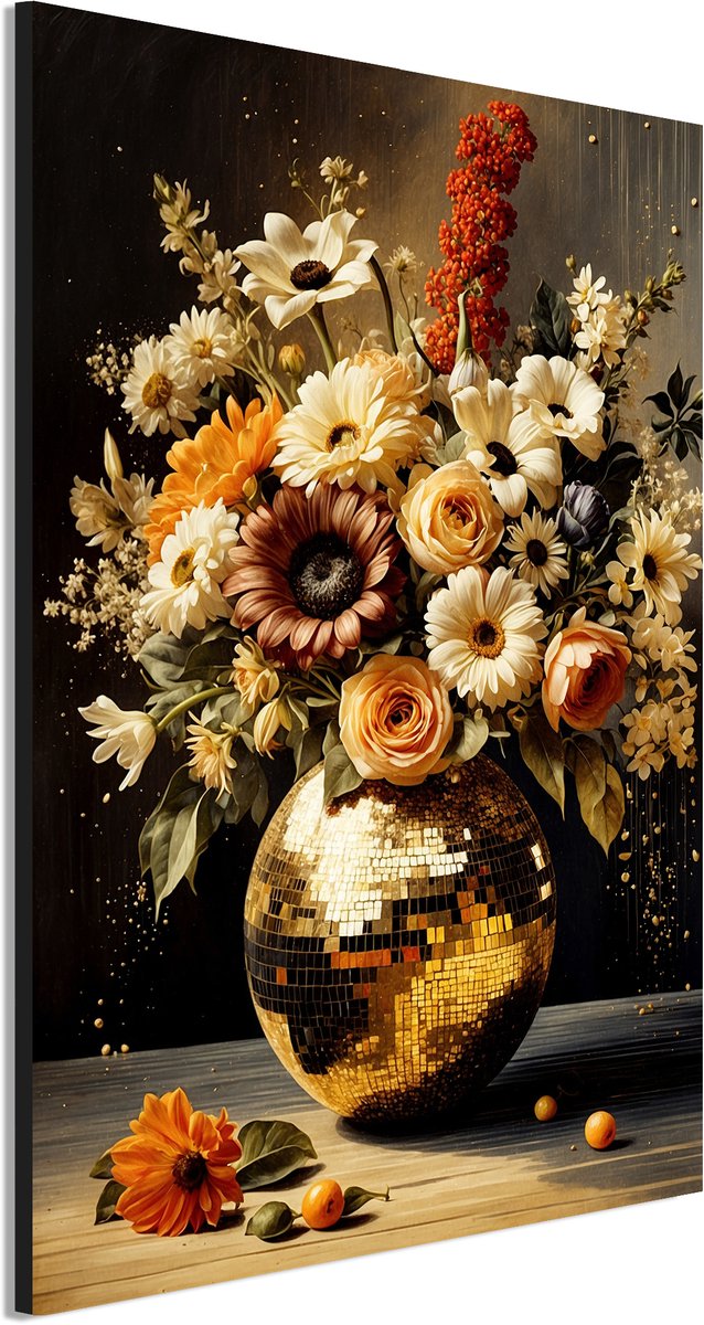 Wanddecoratie Metaal - Aluminium Schilderij Gouden bloemendroom - 120 x 80 cm - Bloemstuk - Muurdecoratie woonkamer en slaapkamer - Inclusief ophangsysteem - Klassiek - Modern - Displate alternatief