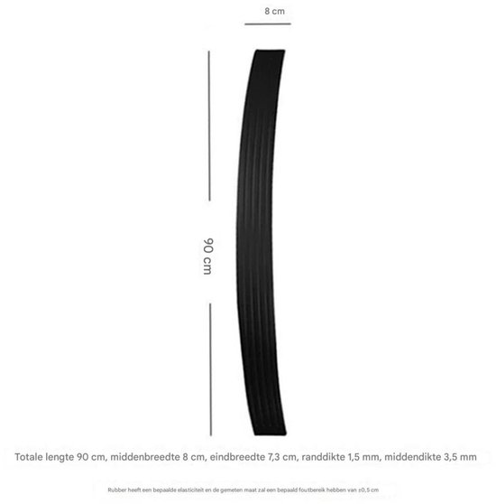 Zwarte bumperbeschermer 90 cm lang, 8 cm breed, met afmetingen en materiaalinformatie.