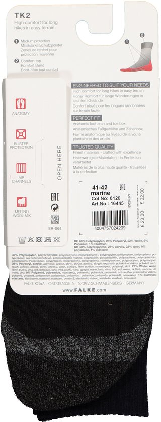 Chaussettes de randonnée femme FALKE TK2 - Bleu marine - Taille 37/38