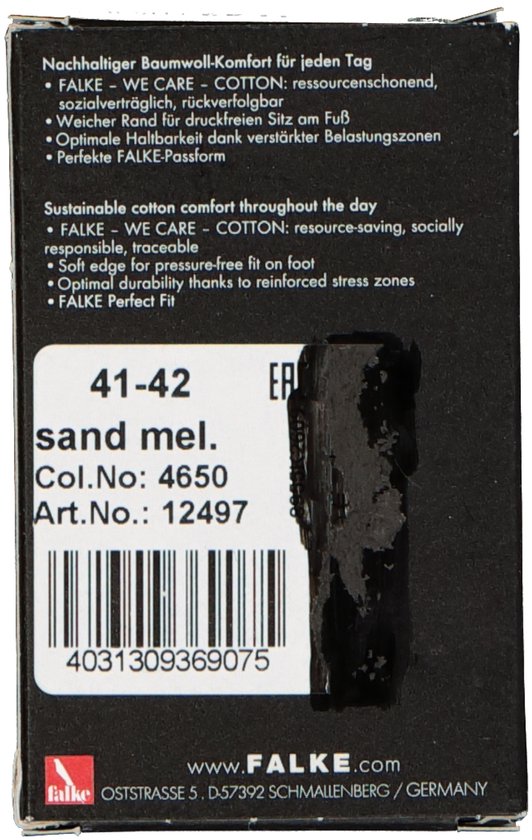 Boîte FALKE STEP taille 41-42 couleur Sable mel avec informations produit et numéro d'article 4850.