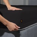 Handen leggen een zwart Superieur hoeslaken op een matras.