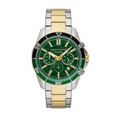 Armani Exchange horloge met zilverkleurige en goudkleurige band en groene wijzerplaat met chronograaf.