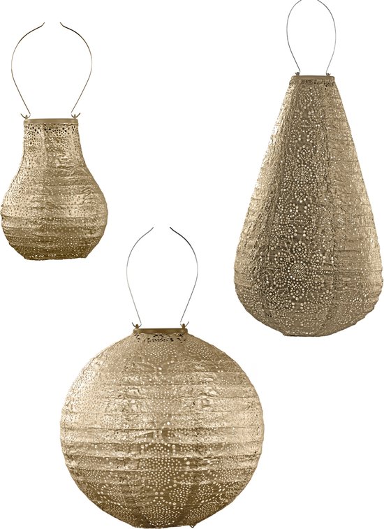 Set van 3 gouden lantaarns met diverse vormen: vaas, druppel en bol. Op witte achtergrond.
