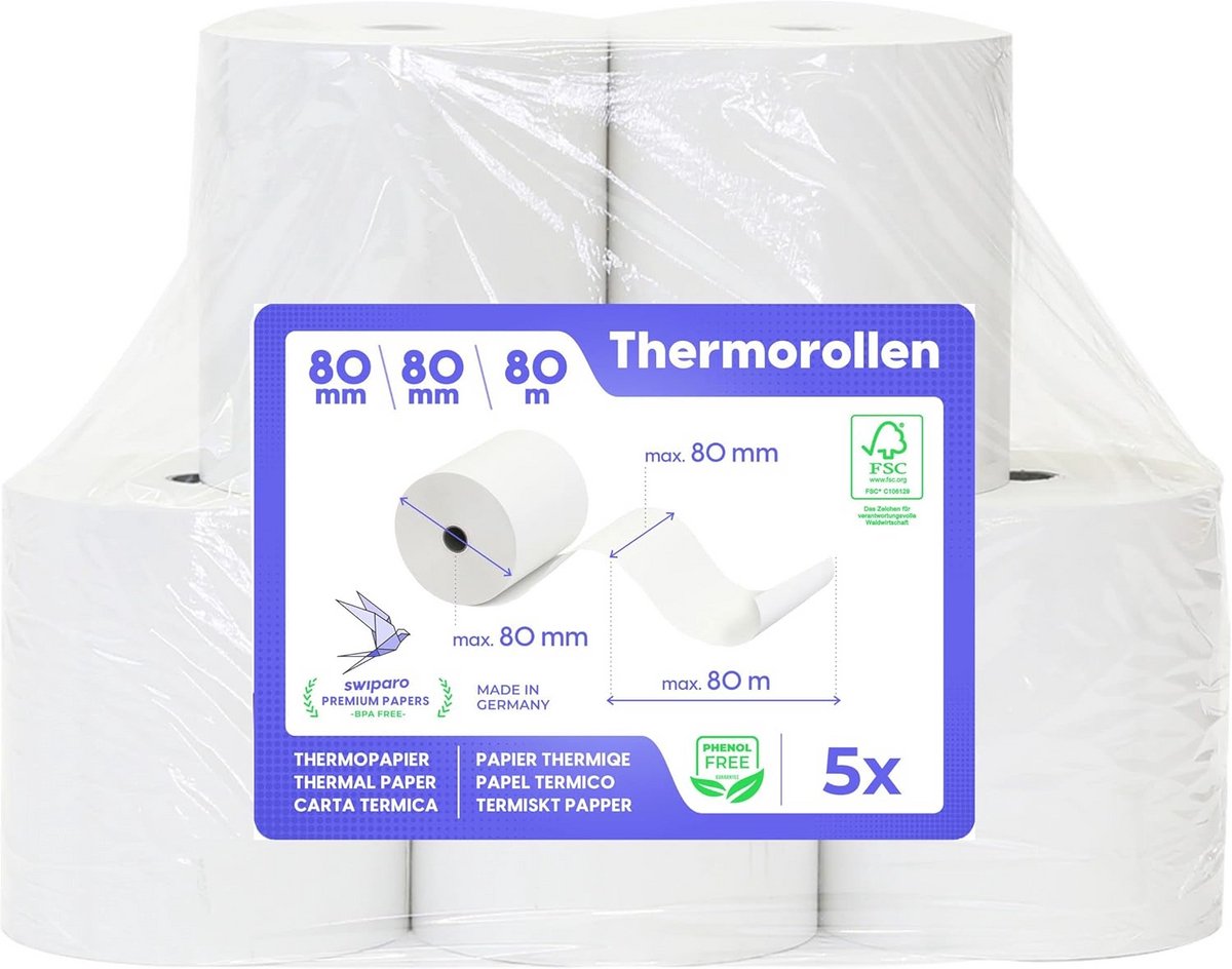 Thermorollen 80mm x 80m - Gecertificeerde Bonrollen voor Thermische Printers - 5 Stuks
