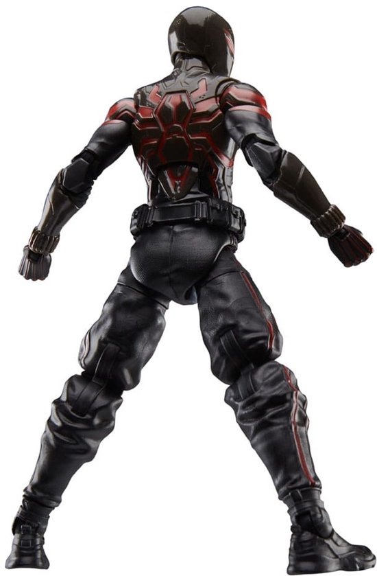 Actiefiguur in zwart en rood Spider-Man kostuum, van achteren gezien met rood spinnenwebdetail op de rug.