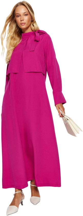 Trendyol Roze Kraag En Strikdetail Geweven Jurk Tctss23Eb00283