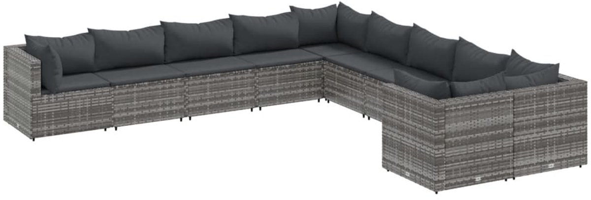 The Living Store 10-delige Loungeset met kussens poly rattan grijs - Loungebank - Tuinset - Lounge Set - PE-rattan - Buisstoel