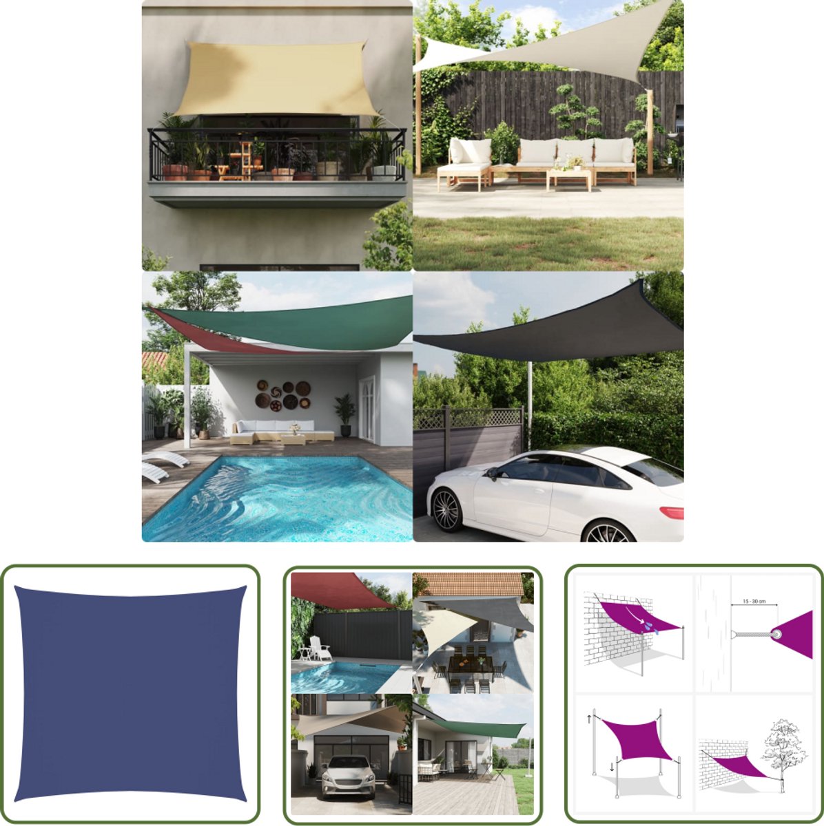 Blauw oxford stof schaduwdoek 3x3 m vierkant voor tuindecoratie en parasols.
