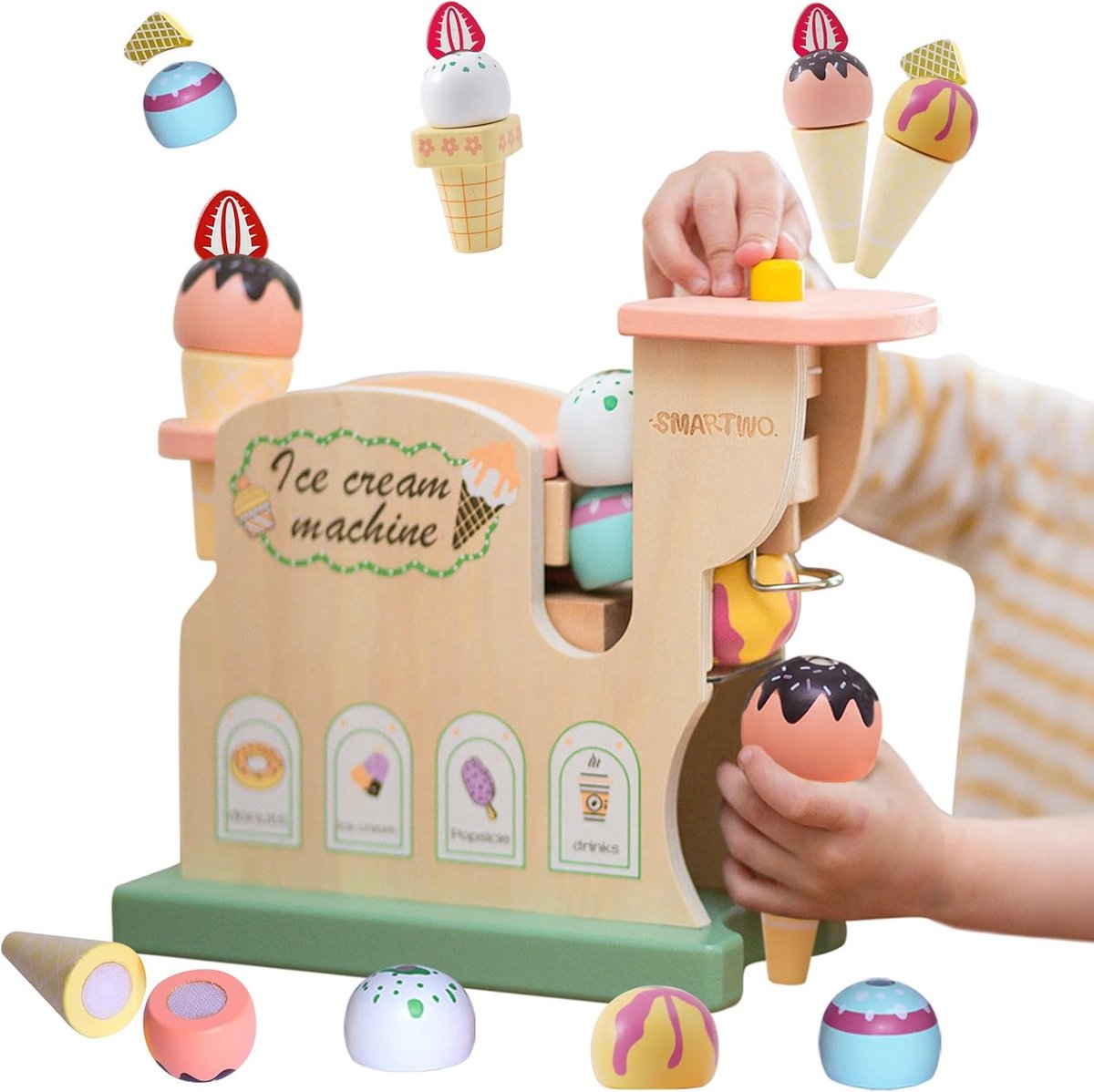 Houten IJsspeelgoed Set voor Kinderen - IJsmachine, Rollenspel Keuken Accessoires voor 3-6 Jaar, Perfect Cadeau voor Meisjes