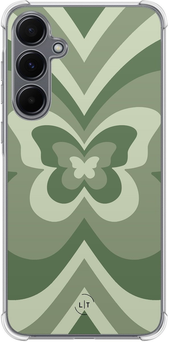 Shockproof hoesje - Geschikt voor Samsung Galaxy A15 - Retro vlinder groen - Extra sterke case - TPU/polycarbonaat - Print / Illustratie - Groen, Transparant