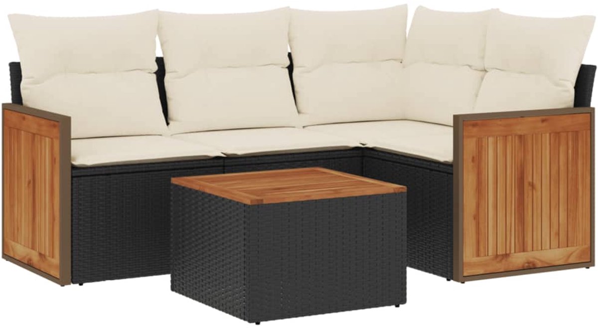 The Living Store 5-delige Loungeset met kussens poly rattan zwart - Loungeset - Lounge Set - Tuinmeubels - Buitendecoratie - Outdoor Furniture