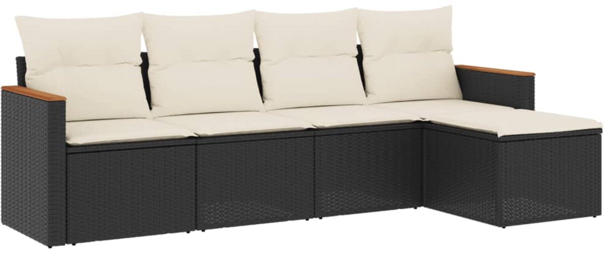 The Living Store 5-delige Loungeset met kussens poly rattan zwart - Loungebank - Tuinset - Lounge Set - Buitendiner - Garden Furniture Zwarte poly rattan loungeset met kussens voor tuin en terras - The Living Store.