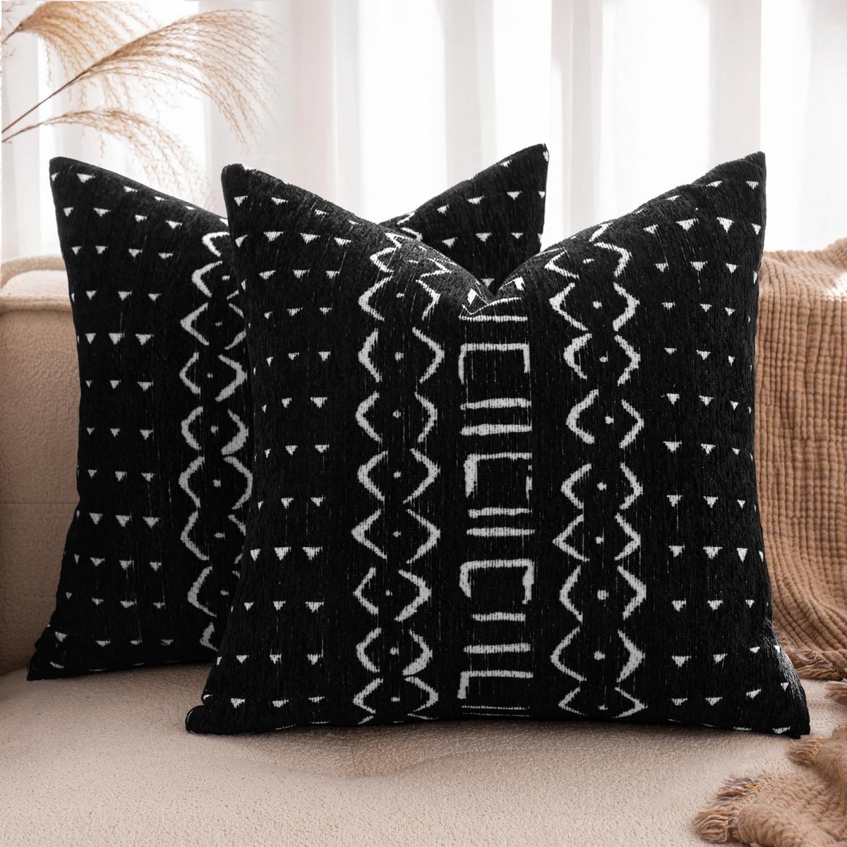 My Ninki ® Kussenhoezen Set - Luxe Chenille Stof, 45 x 45 cm, Boho Stijl voor Woonkamer en Bank