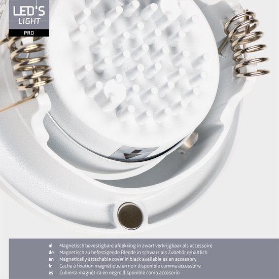 Witte inbouwspot met magnetische bevestiging. Zwarte afdekking apart verkrijgbaar.