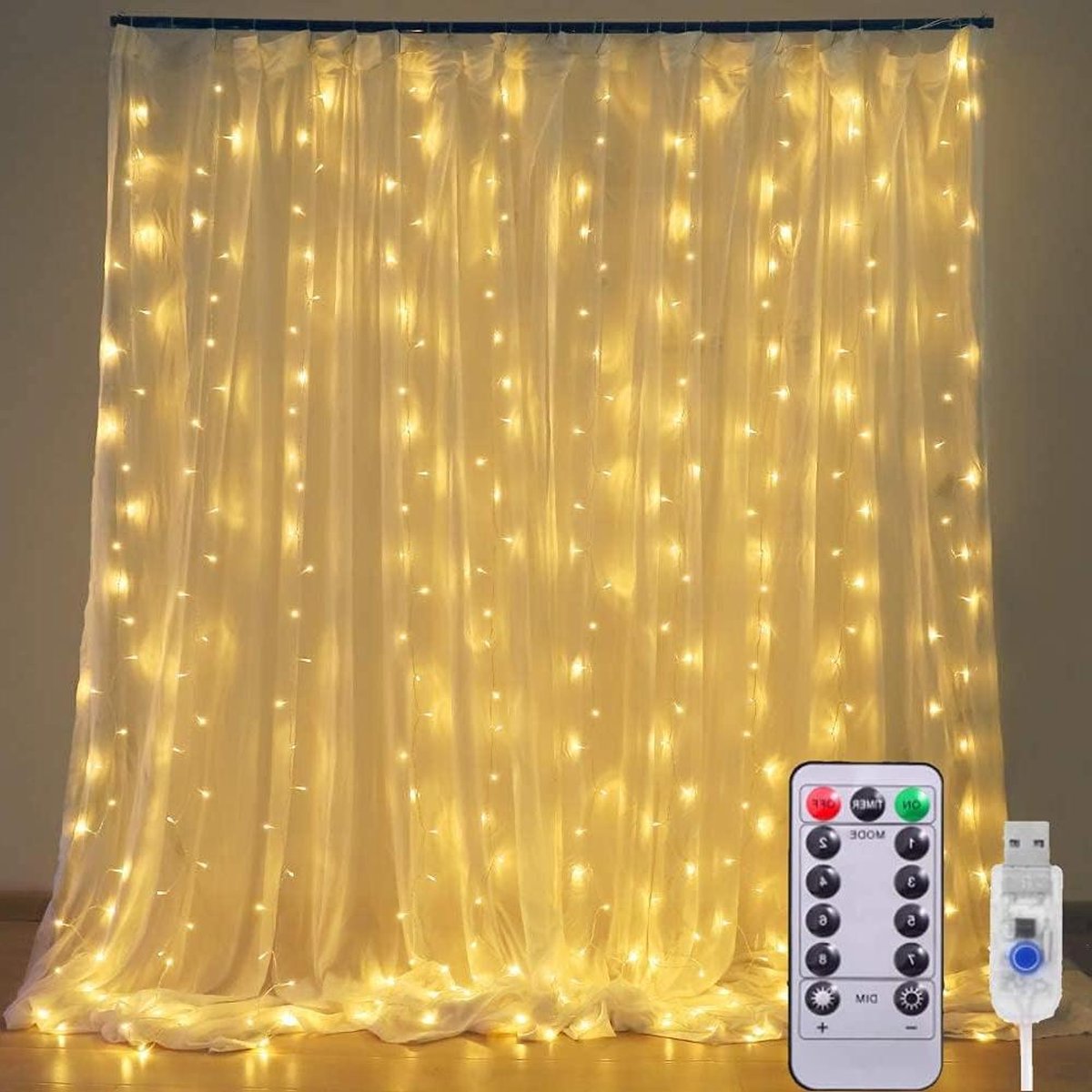 3m x 3m Waterdicht LED-lichtgordijn met 300 LED's - 8 Modi Afstandsbediening - USB-aansluiting - Binnen Tuin Bruiloft Slaapkamer Decoratie - Warm Wit