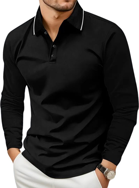 Polo Livano Homme - T-Shirt Homme - Chemise - Chemise - Polo Manches Longues - Zwart - L