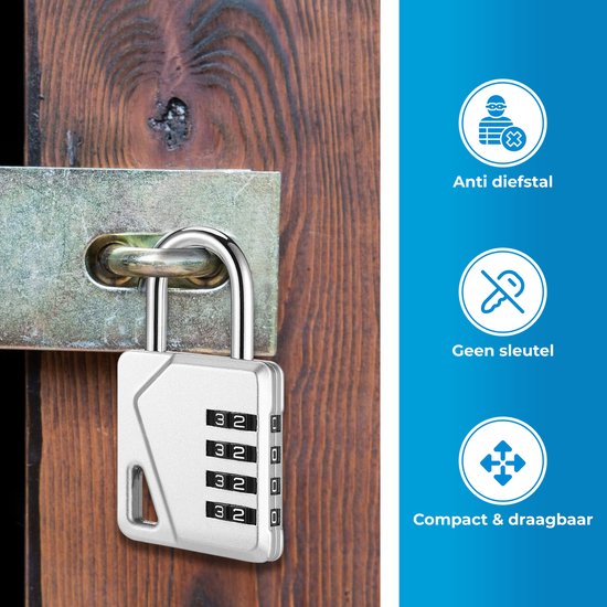 Zilverkleurig cijferslot op een houten deur, anti-diefstal, geen sleutel nodig, compact en draagbaar.