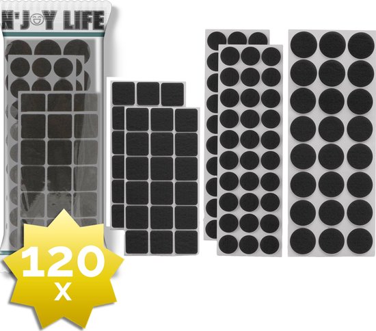 120x N'JOY LIFE Premium Viltjes Stoelpoten - Zwart - Zelfklevend Anti Kras Meubelvilt voor Meubels - 120 stuks - Rond en Vierkant - Zelfklevende Stoelpoot Beschermers - Meubelglijders Antikras Vilt voor Stoel - Bank - Tafel - Elektrische Apparatuur