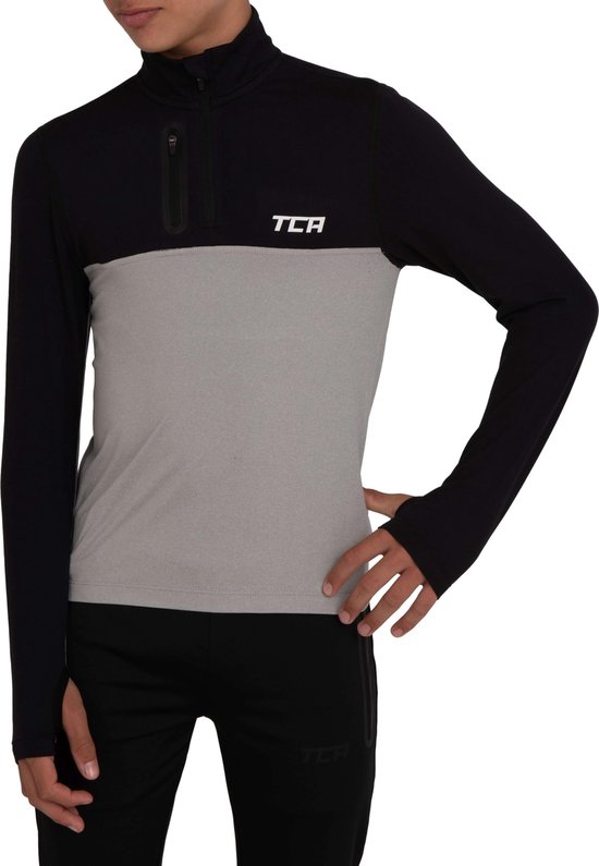 Foto: Tca functioneel shirt voor jongens met lange mouwen fusion pro quickdry shirt met lange mouwen ademend wandelshirt loopshirt met ritssluiting outdoor longsleeve sport trui grijs zwart 10 12