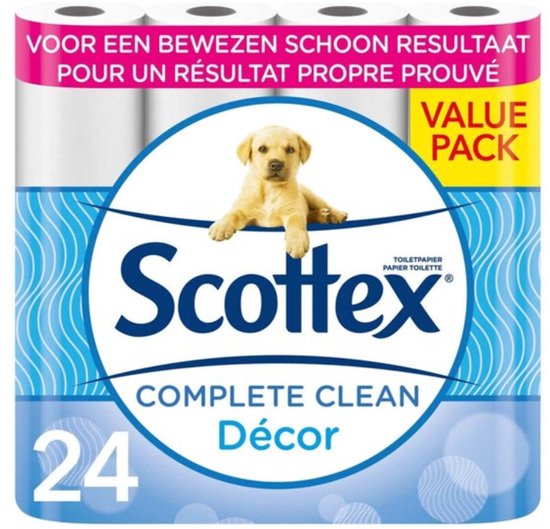 Scottex Complete Clean Decor toiletpapier, 24 rollen. Waarde pak met een puppy.