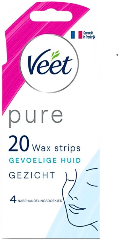 Veet Pure ontharingsstrips voor het gezicht, 20 stuks, voor gevoelige huid. Inclusief 4 nabehandelingsdoekjes.