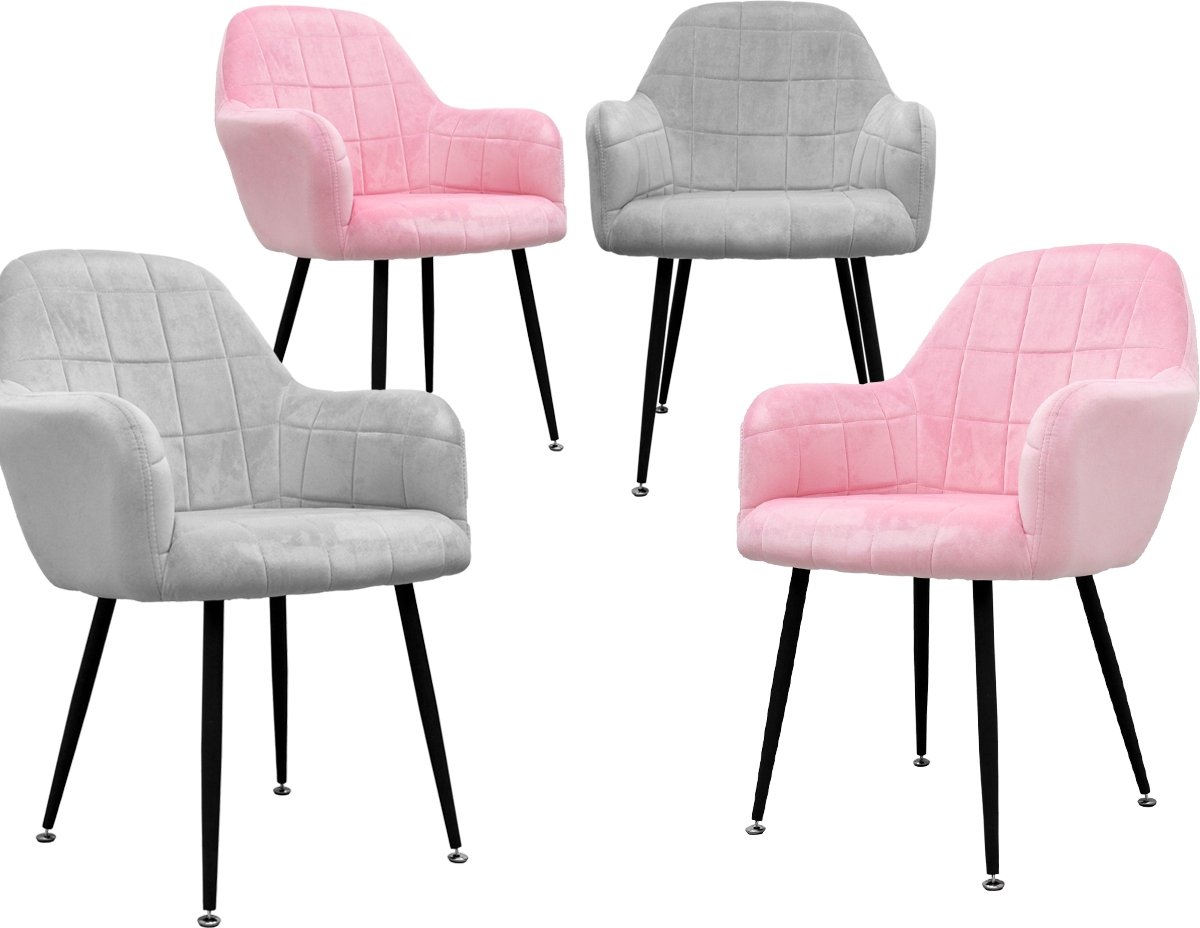 ecd germany Set van 4 Eetkamerstoelen Eetkamerstoel met rugleuning en armleuningen 2x Grijs / 2x Roze, Fluwelen Zitting, Metalen Poten, Keukenstoelen Woonkamerstoel Gestoffeerde Stoel Design Stoel Grijs, Roze
