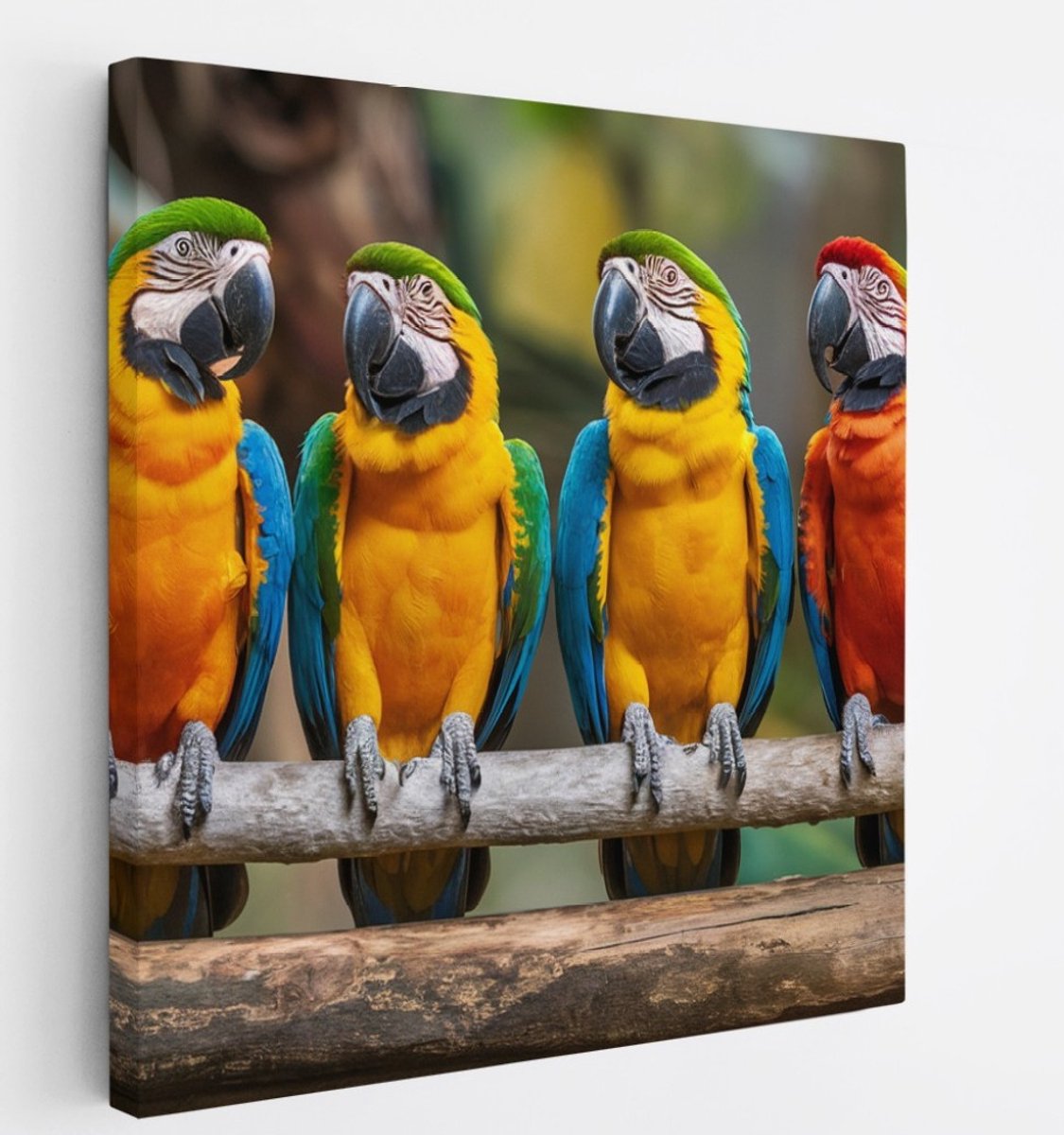 Saammp Canvas Schilderij - 4 papegaaien op tak - Dieren - Bloemen - 30x30 - Foto op canvas - Wanddecoratie - muurdecoratie Woonkamer - Slaapkamer decoratie - Canvas Print Multicolor