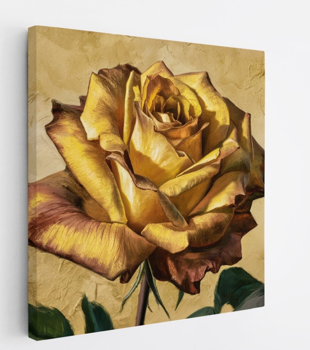 Saammp Canvas Schilderij - Goude Roos - Bloemen - Abstract - 60x60 - Foto op canvas - Wanddecoratie - Muurdecoratie Woonkamer - Kantoor Decoratie Multicolor