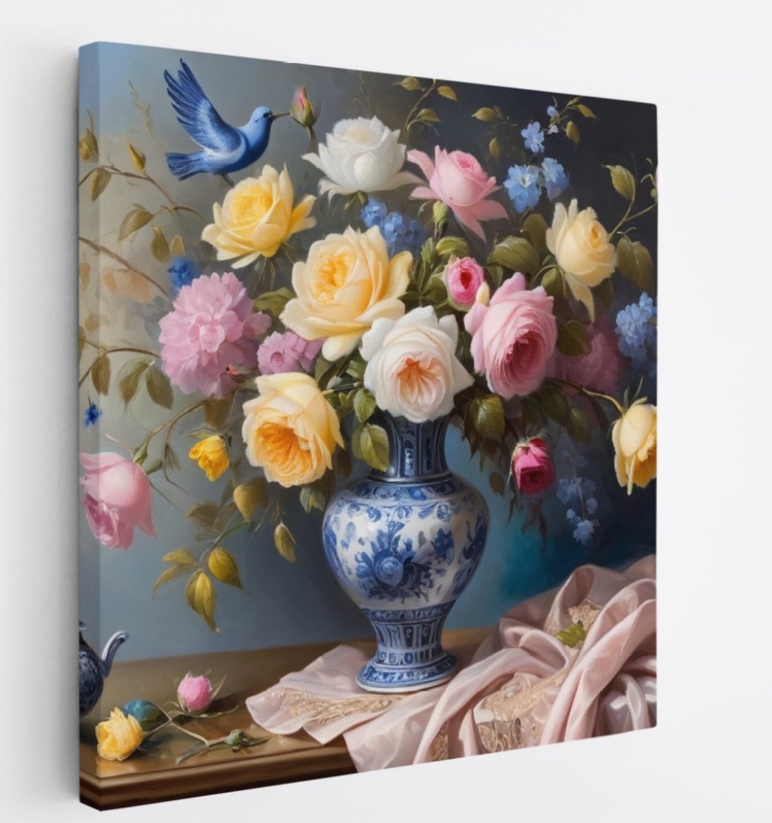 Saammp Canvas Schilderij - Bloemen Boeket in Blauwe Vaas - Natuur - Abstract - 60x60 - Foto op canvas - Wanddecoratie - Muurdecoratie Woonkamer - Kantoor Decoratie Multicolor