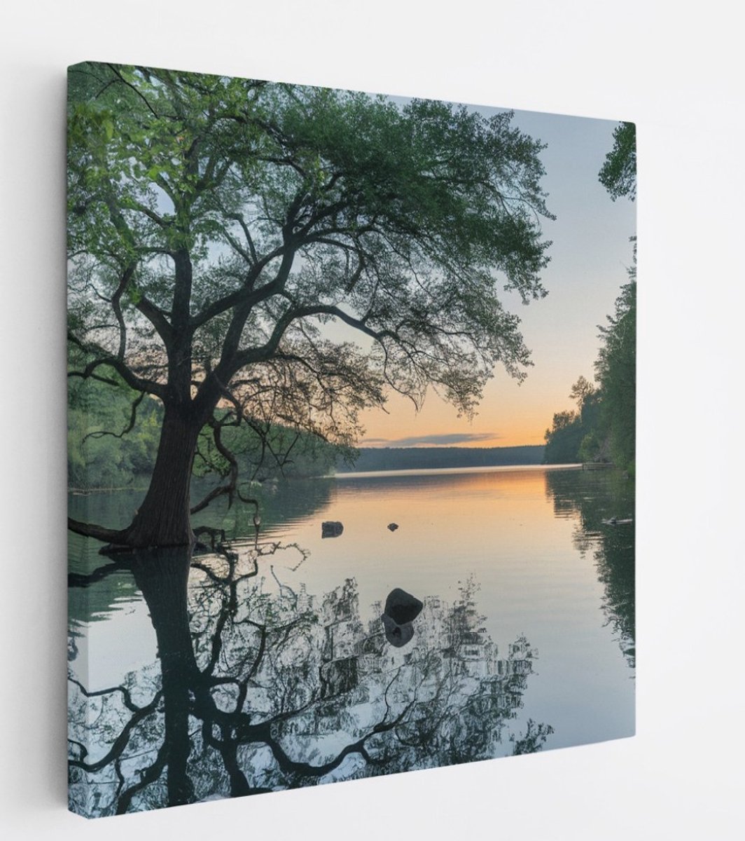 Saammp Canvas Schilderij - Boom in het water met zonsondergang - Landschap - Natuur - 100x100 - Foto op canvas - Wanddecoratie - Muurdecoratie Woonkamer - Slaapkamer decoratie - Canvas Print Multicolor