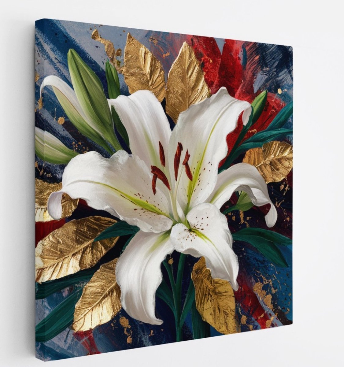 Saammp Canvas Schilderij - Witte Lelie met Gouden Details - Natuur - Bloemen - 100x100 - Foto op canvas - Wanddecoratie - Muurdecoratie Woonkamer - Kantoor Decoratie Multicolor